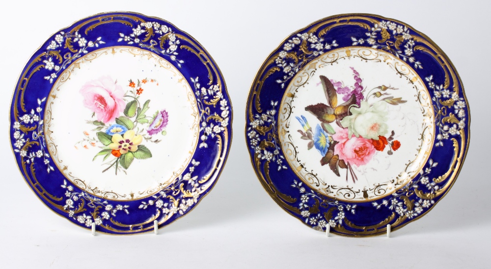 A pair of 19th Century blue and gilt decorated cabinet plates with hand-painted floral centres, a - Image 2 of 8