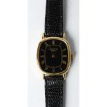 A lady's gilt cased Longines mechanical wristwatch with black dial and snakeskin strap