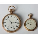 A 9ct gold cased open faced pocket watch and an Elgin 10ct gold cased fob watch