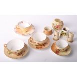 Four Royal Worcester blush ivory cups and saucers decorated flowers and three Worcester vases etc