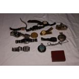 A collection of wristwatches including Citizen, Quartz, Seiko, etc, and three pocket watches