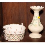 A Beleek vase decorated shamrock, 8" high, and a Sevres shallow pail with brass handle