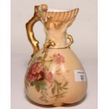 A Royal Worcester blush ivory china jug with shell top and coral handle, sides painted flowers, 11