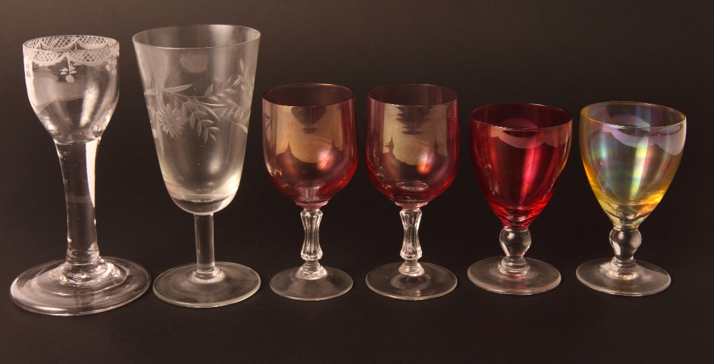An 18th Century wheel engraved cordial glass with folded foot and five other glasses - Image 3 of 3