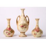 A pair of early 20th Century Worcester blush ivory floral decorated vases, 5 1/2" high (slight