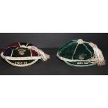 Two early 20th Century velvet and silk lined sporting caps, one dated 1918-19 and the other 1921-22