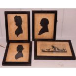 Three 19th Century cut paper silhouette portraits, 5 1/2" x 4", and a similar pen and ink picture of