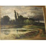 An early 20th Century oil painting, river landscape with punt in the foreground, 17" x 24", in