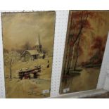 S Cantilliery: a pair of oils on canvas, autumn scene with river and punt and winter scene with