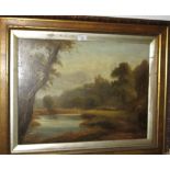 Doulton Slater: oil on board, river landscape with distant castle, 18" x 24", in gilt frame