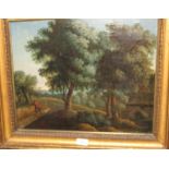 An 18th Century Flemish School: an oil painting, traveller and dog in a landscape, 15" x 18", in