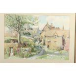 Jess White: watercolours, Cotswold village, 14" x 21", in brown frame