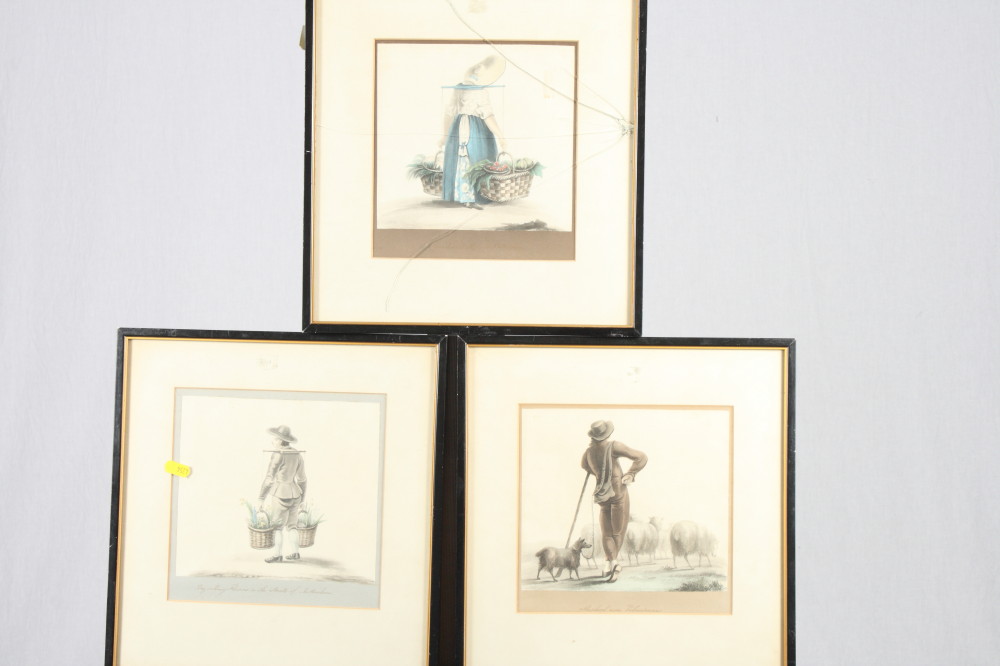 A set of three Dutch watercolours, studies of street sellers, 8" x 8", in black frames