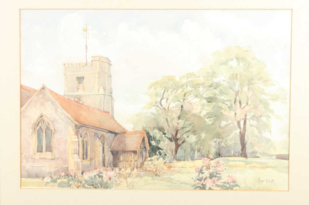 Jess White: watercolours, view of Denham Church, 14" x 21", in black frame