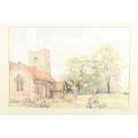 Jess White: watercolours, view of Denham Church, 14" x 21", in black frame