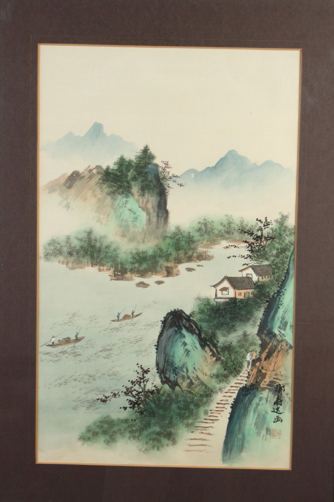 Three Chinese watercolour drawings, mountainous landscapes, in gilt frames, a coloured print,