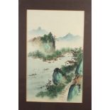 Three Chinese watercolour drawings, mountainous landscapes, in gilt frames, a coloured print,