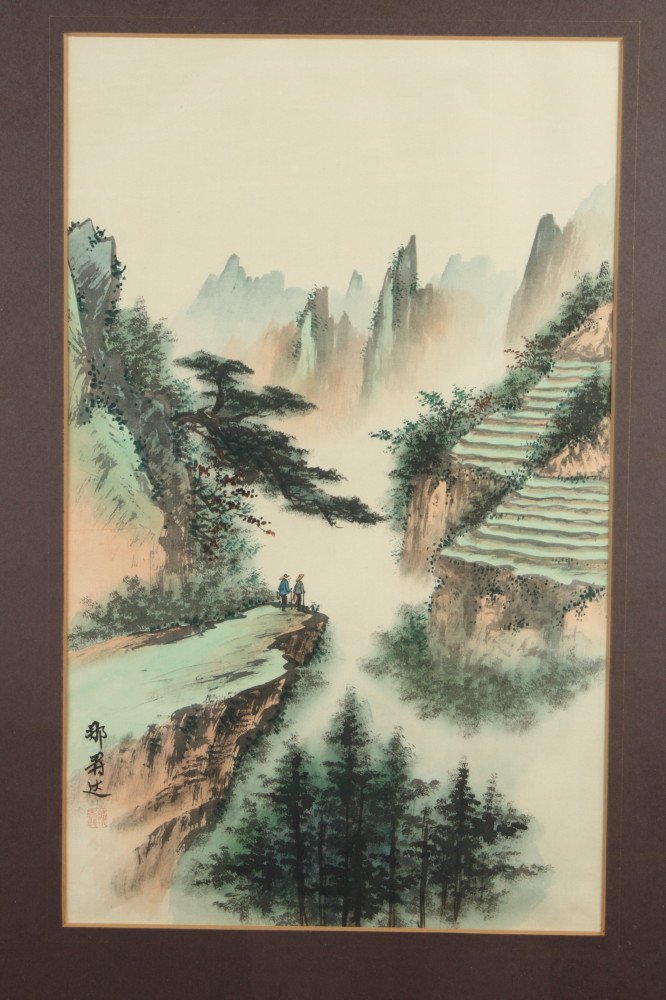 Three Chinese watercolour drawings, mountainous landscapes, in gilt frames, a coloured print, - Image 2 of 5