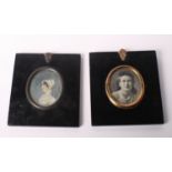 An oval miniature portrait on ivory, lady in white lace dress and bonnet, 2 3/4" x 2 1/4", in