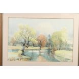 Jess White: watercolours, view of Denham, 14" x 21", in brown frame