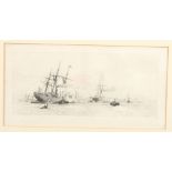 After Wyllie: an etching, shipping scene, 6" x 12", and two other etchings, maritime views