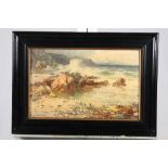 A colour print, rocky coast with distant ship, in oval frame, one other, Cornish coastal scene, in