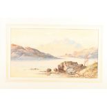 Edward Earp: watercolours, lake scene with distant mountains, 11" x 19 3/4", in wash line mount