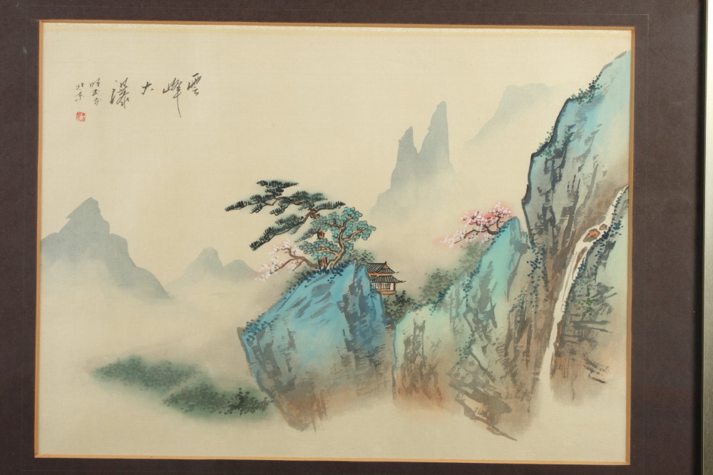 Three Chinese watercolour drawings, mountainous landscapes, in gilt frames, a coloured print, - Image 3 of 5