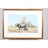 David Shepherd: a pencil signed coloured print, "The Rhino's Last Stand", 14" x 21"