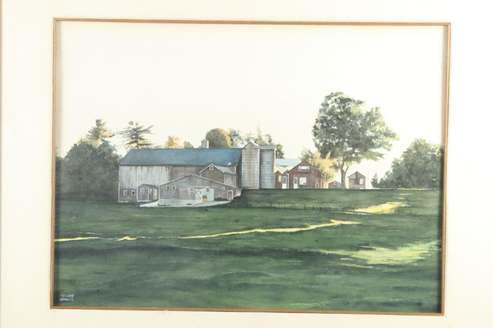 Arlene Cornell: watercolours, American farm, 20" x 27", and another painting, river landscape with