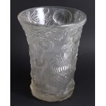 A mid 20th Century pressed and frosted glass trumpet-shaped vase decorated in high relief with