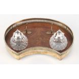 A Sheraton revival marquetry and plated mounted desk inkstand with two cut glass wells