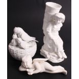 A 19th Century white glazed china spill holder in the form of a peasant lady with a grape basket, 6"