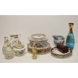 A pair of vases with reticulated panel (damages), a blue and gilt glass vase and assorted tea wares,