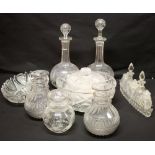 A pair of Edwardian decanters cut ovals, two cut glass carafes, a powder bowl, a pickle jar, a