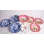 A set of three 19th Century Spode Italian pattern soup plates, a set of three 19th Century dessert