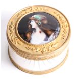 A French Palais Royale circular glass box with ormolu mounts, the cover set with a Limoges enamel