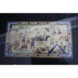 A Persian ivory panel painted numerous figures, horses and other animals, 4" x 7", in Jaipur ware