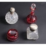 A ruby flashed glass scent decanter and stopper, a similar circular jar and cover and two silver