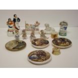 Four 19th Century pot lids, fairings, Staffordshire figures, etc