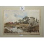 English mid 19th Century School: watercolours, landscape with river and punt and buildings, 8" x