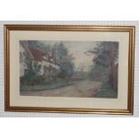 Wilmot Pilsbury: watercolours, cottage with geese outside, 13" x 23", signed and dated 1887, in gilt