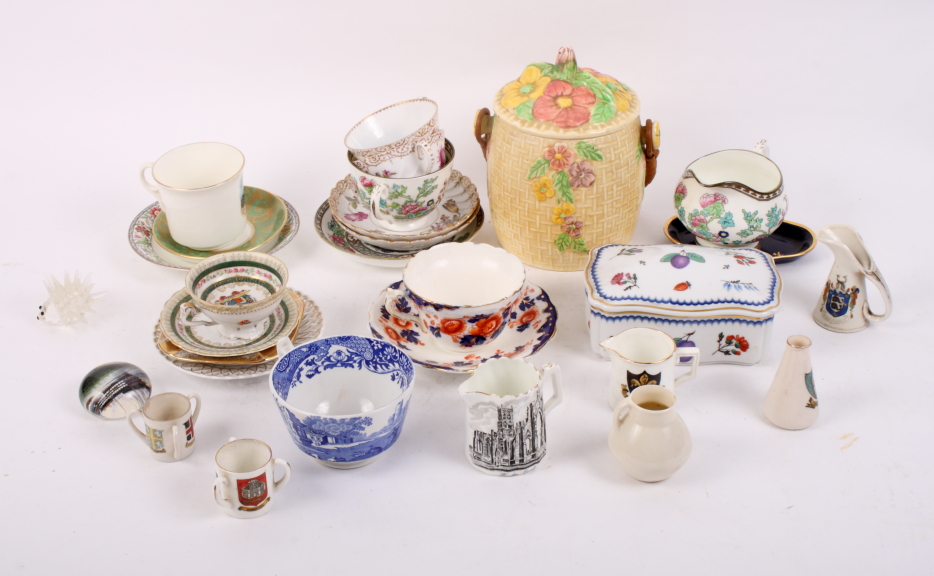 A Ginori porcelain floral decorated box and cover, two Dresden cabinet cups and saucers and other