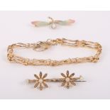 A 9ct gold gate link bracelet, 3.4g, a 15ct gold enamel and pearl floral spray brooch and a gilt