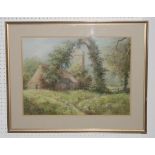 Gordon Lees: watercolours, fox by a barn with distant church, 15" x 21", in gilt frame