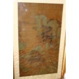 A Chinese watercolour and body colours on silk, figures in a mountainous landscape with track in