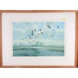 Peter Scott: a signed colour print, geese, in oak strip frame