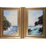 A pair of oil paintings, coastal scenes with waves breaking on rocks, 18" x 10", in gilt frames