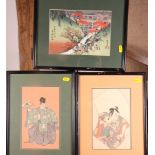 A Japanese woodblock print, sumo wrestlers, a similar print, actor, and a number of other