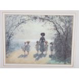 Van Goethem: a set of four colour prints, children on beaches, a larger similar print, woman